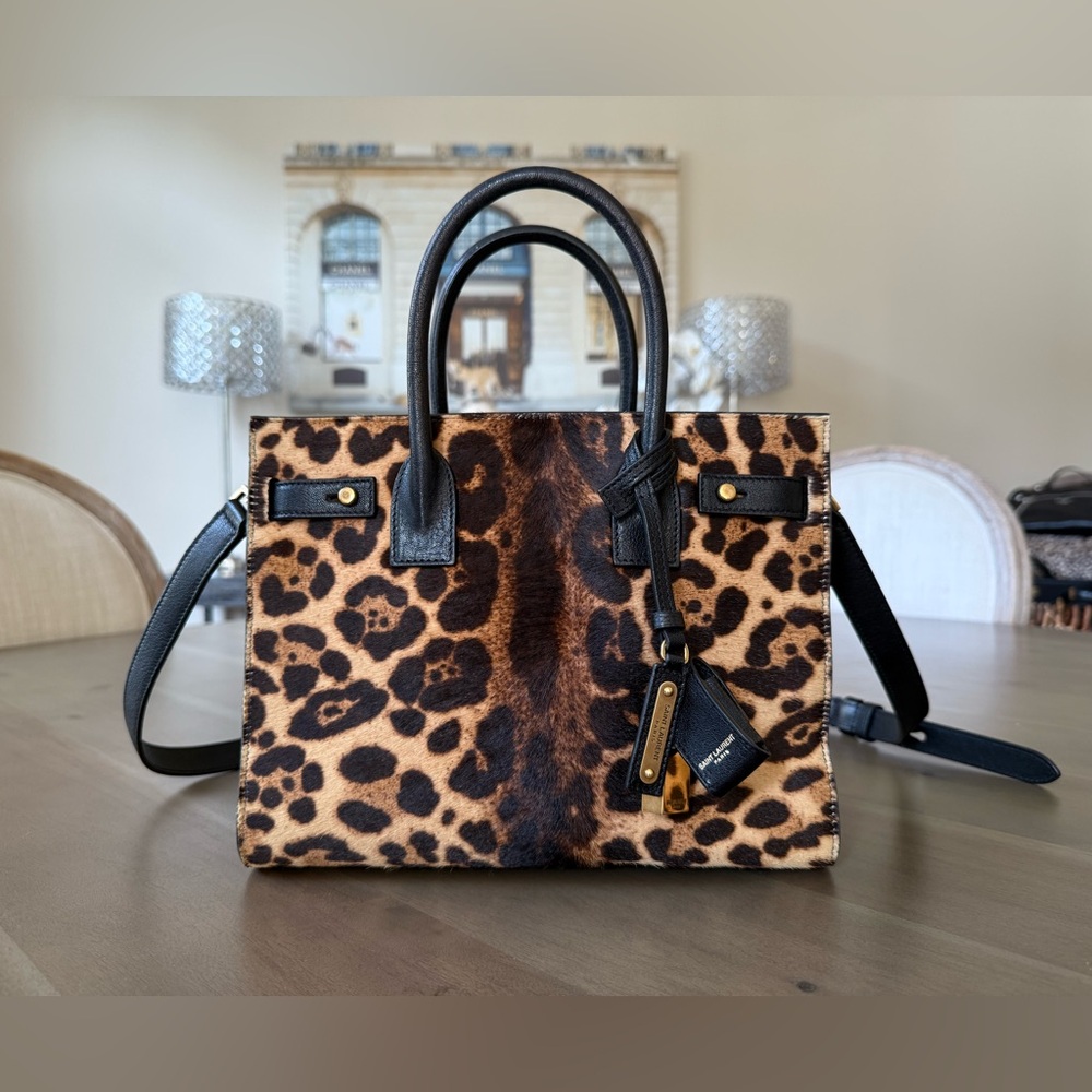 Yves Saint Laurent (YSL) Leopard Fur-Textured Tote with Tassel and Strap